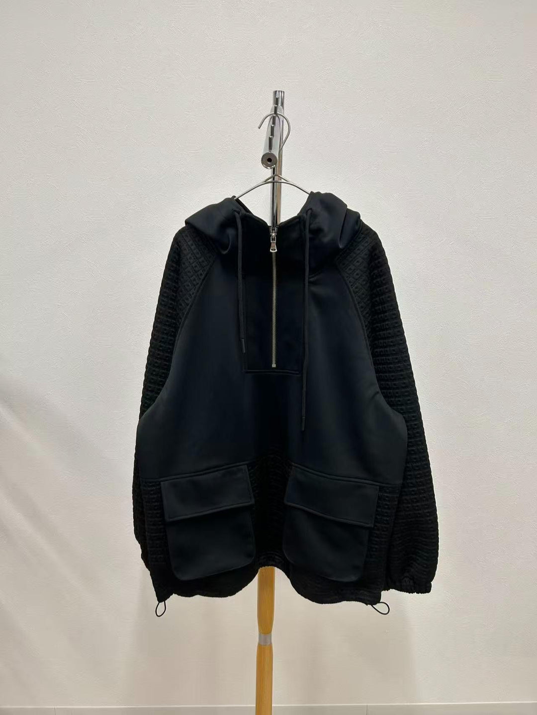 【神ワッフルパーカー】　異素材ジャガードドッキングビッグパーカー　100