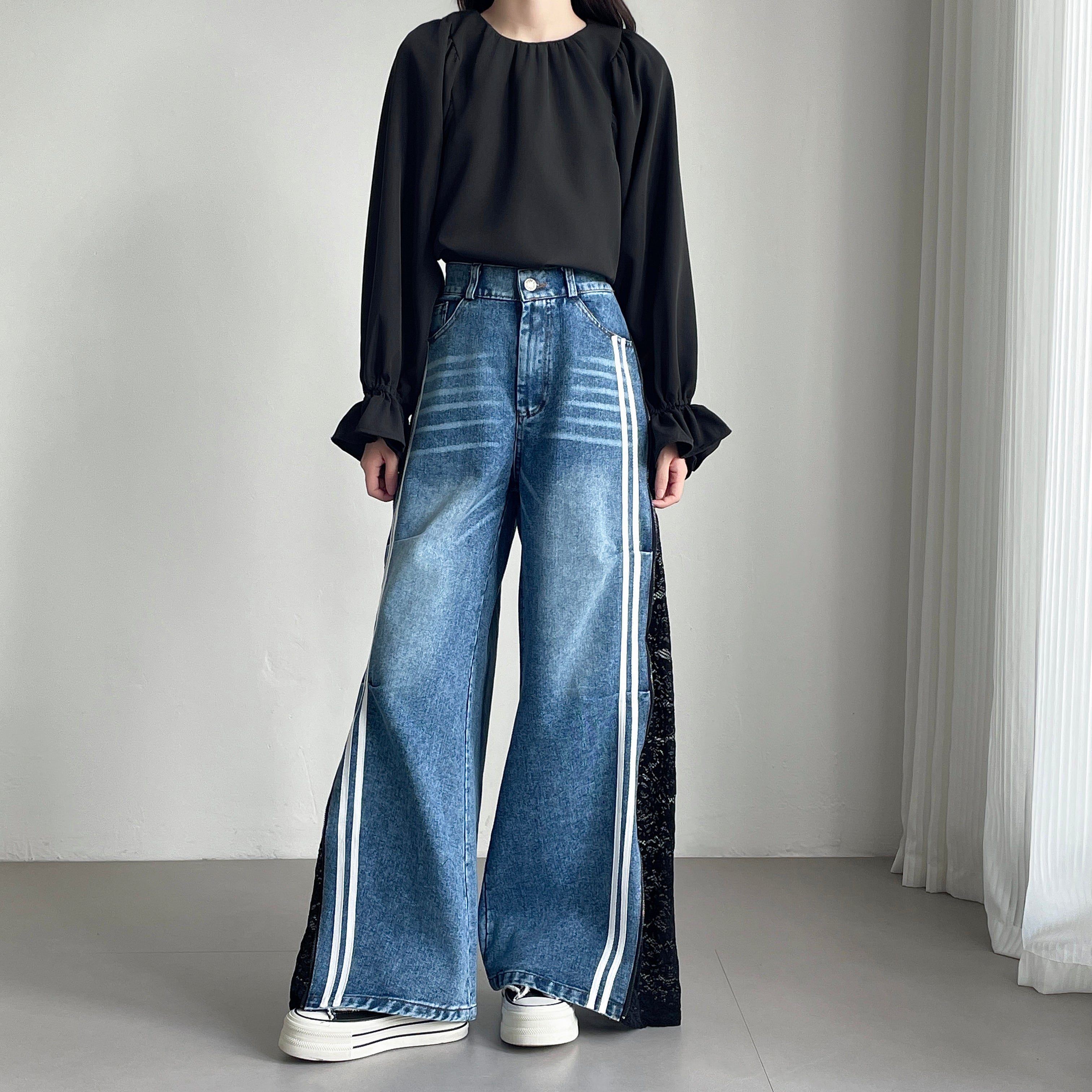 デニムリメイクフレアパンツ+ドット柄つけ襟/ウエスト巻き☆セットアップ☆レース 楽天市場】選べる3タイプ ストレッチデニム 脇レースアップ