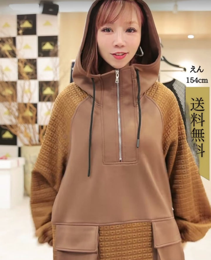 【神ワッフルパーカー】　異素材ジャガードドッキングビッグパーカー　100