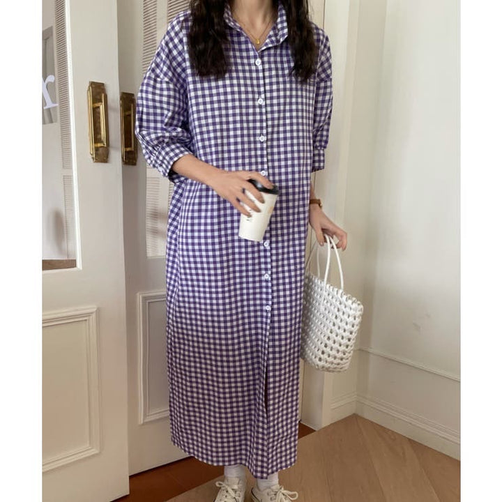 🉐ギンガムチェックロングシャツワンピース