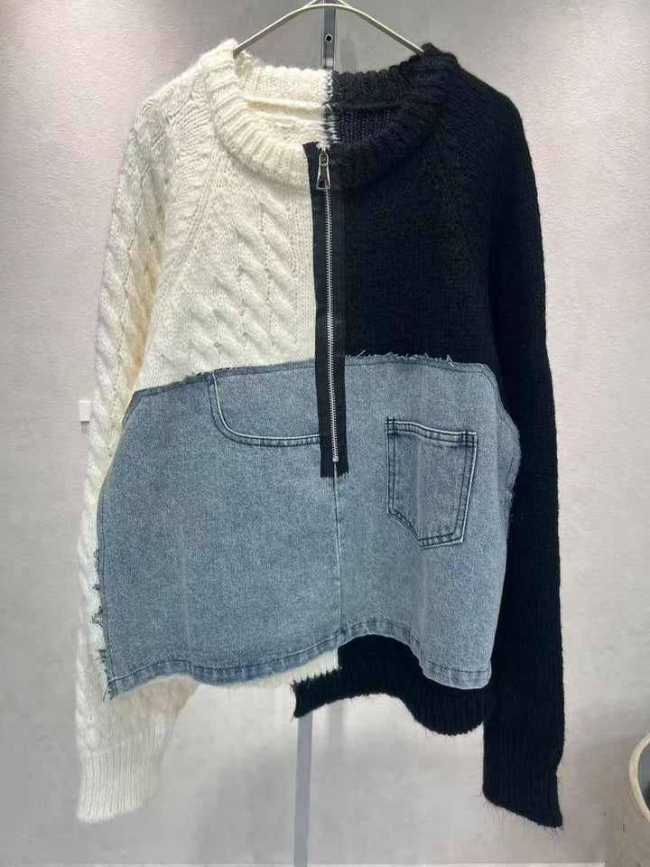 【ABITOKYO】デニムドッキングバイカラーハーフZIPニット　100