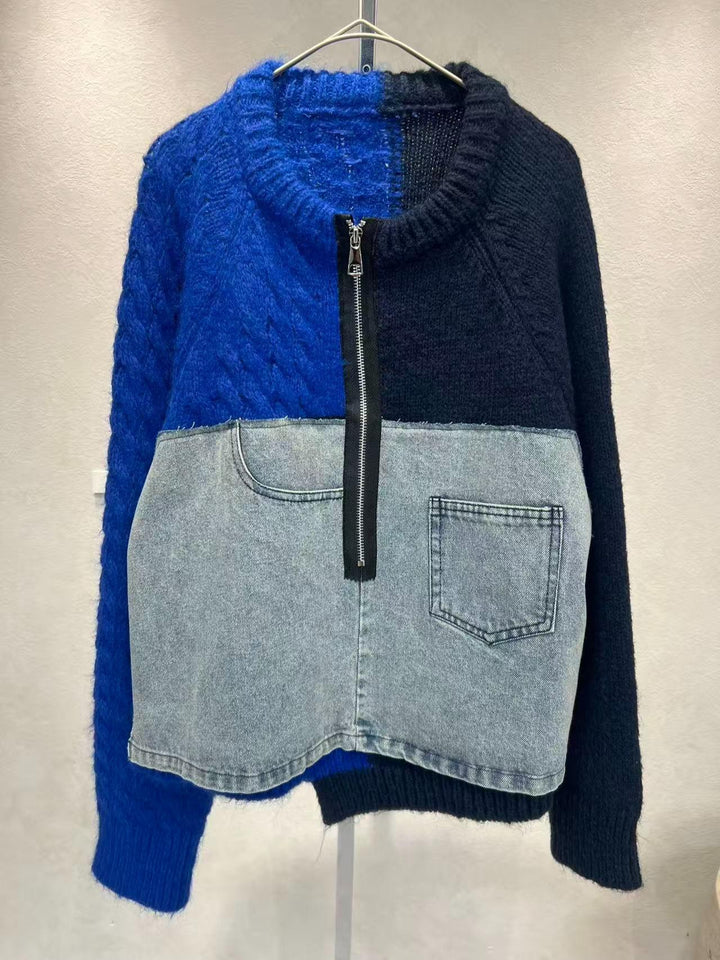 【ABITOKYO】デニムドッキングバイカラーハーフZIPニット　100