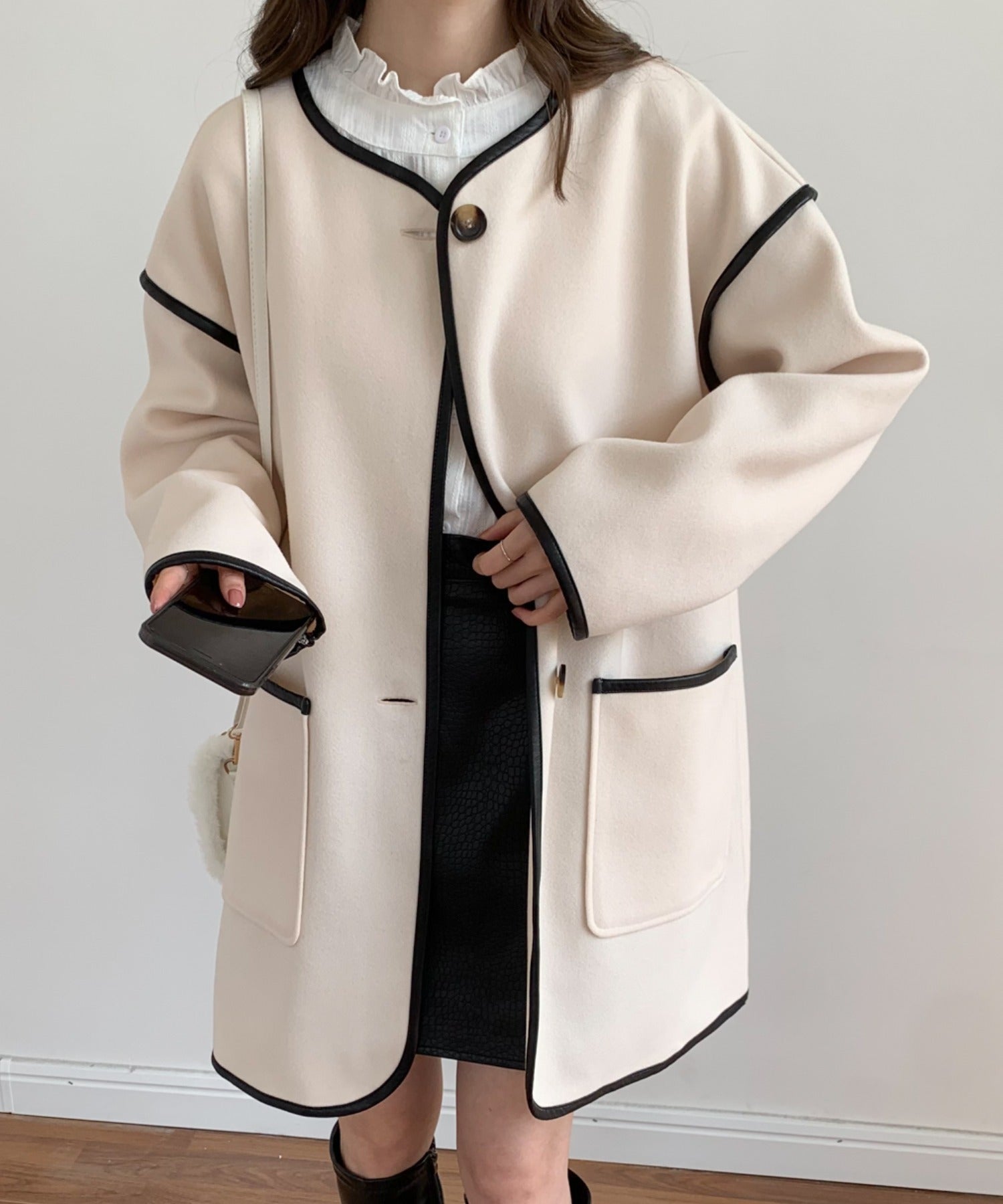 CITYSHOP ブラック パイピングコート ノーカラーオーバーサイズパイピングコート[品番：ABIW0010134