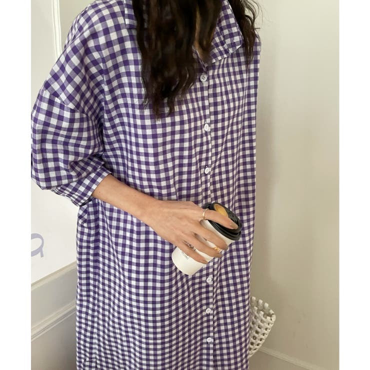 🉐ギンガムチェックロングシャツワンピース