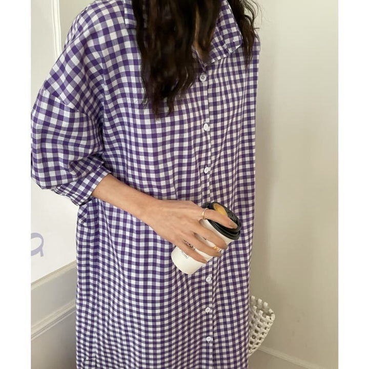 🉐ギンガムチェックロングシャツワンピース