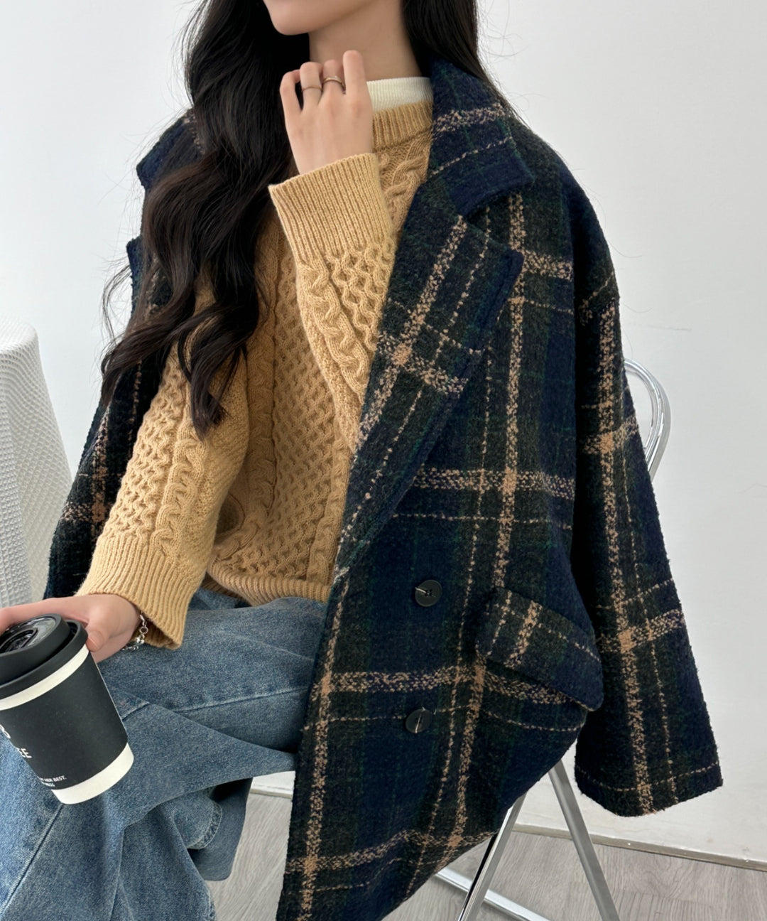 ビックシルエットダブルボタンチェック柄ピーコート