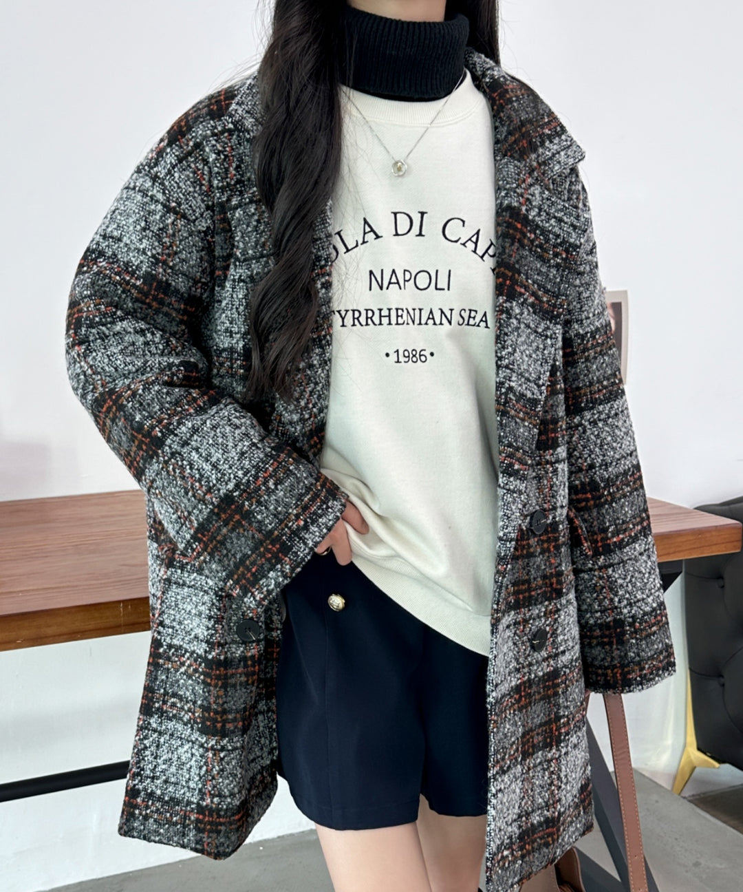 ビックシルエットダブルボタンチェック柄ピーコート
