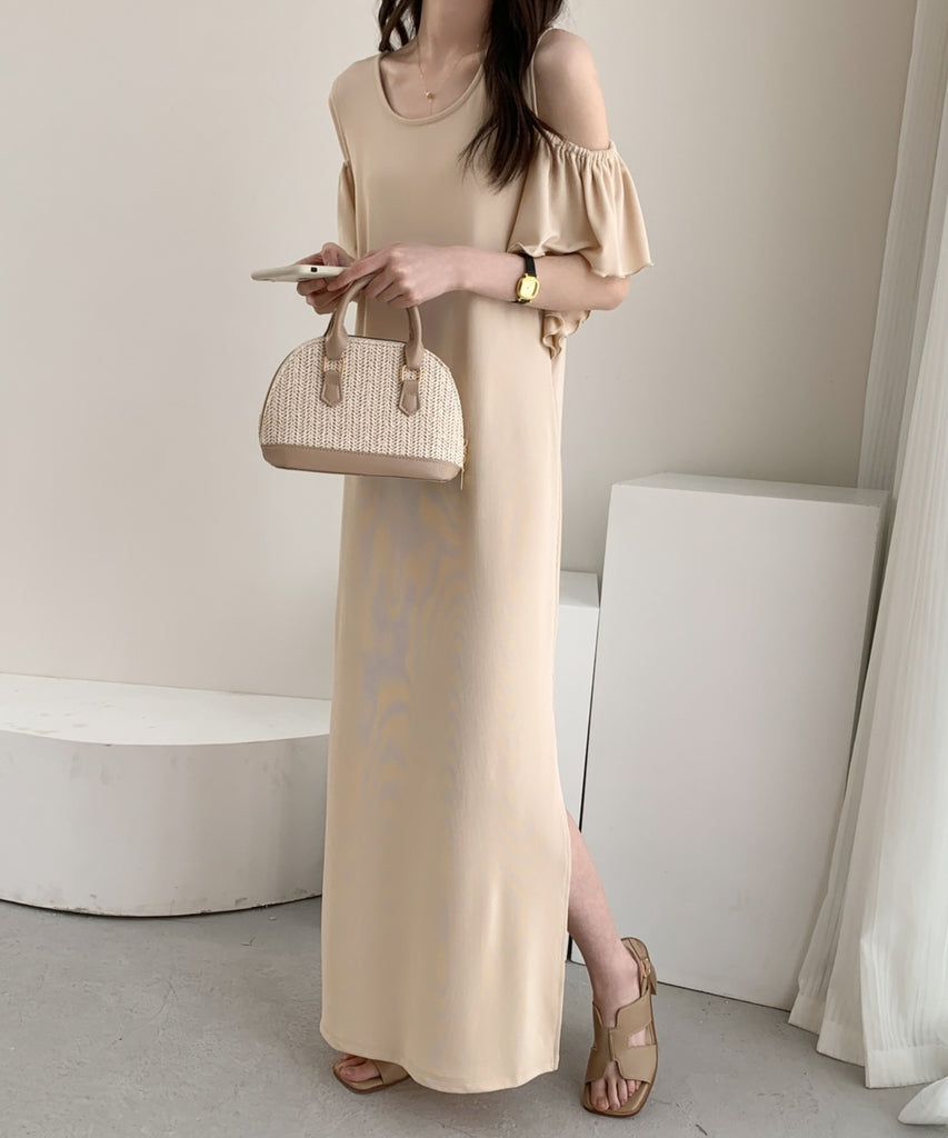 オープンショルダーカットスリットロングワンピース – ABITOKYO