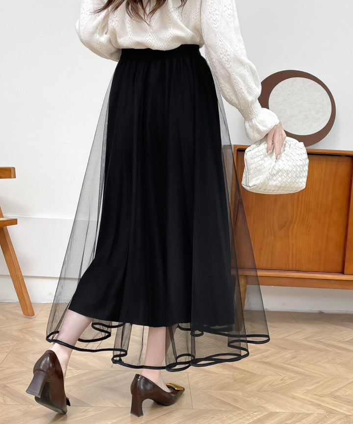 裾パイピングボリュームチュールフレアスカート