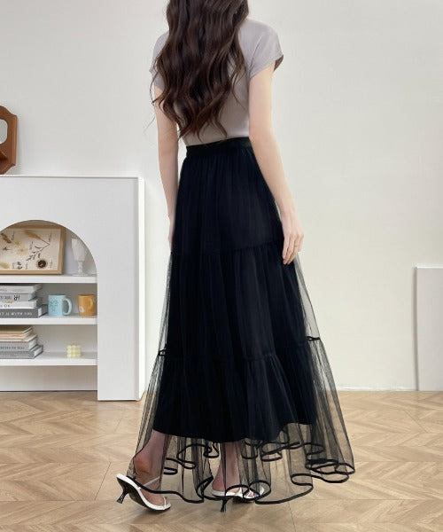 パイピングボリュームチュールティアードロングスカート – ABITOKYO