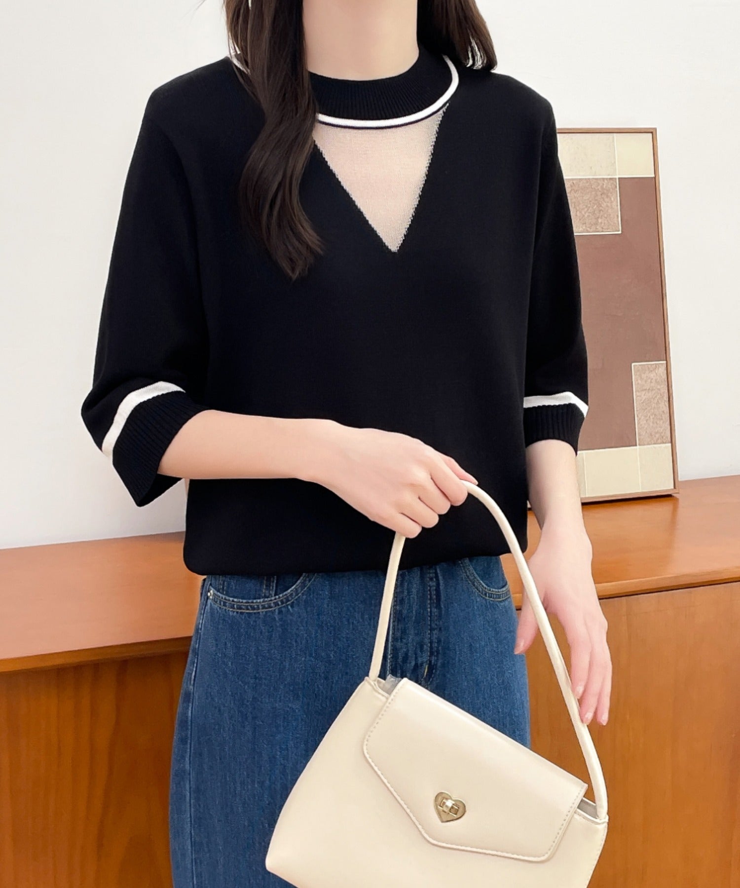 ニット セーター 配色ラインキーネックポロニットプルオーバー レディース ABITOKYO ニット セーター 配色ラインキーネックポロニットプル