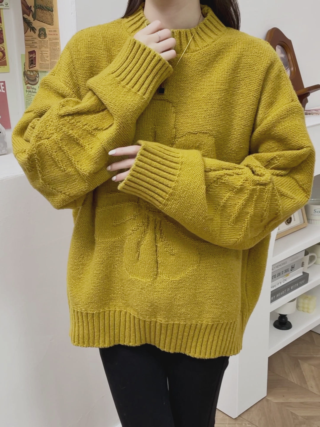 フラワージャガードオーバーサイズニットプルオーバー 秋冬ニット